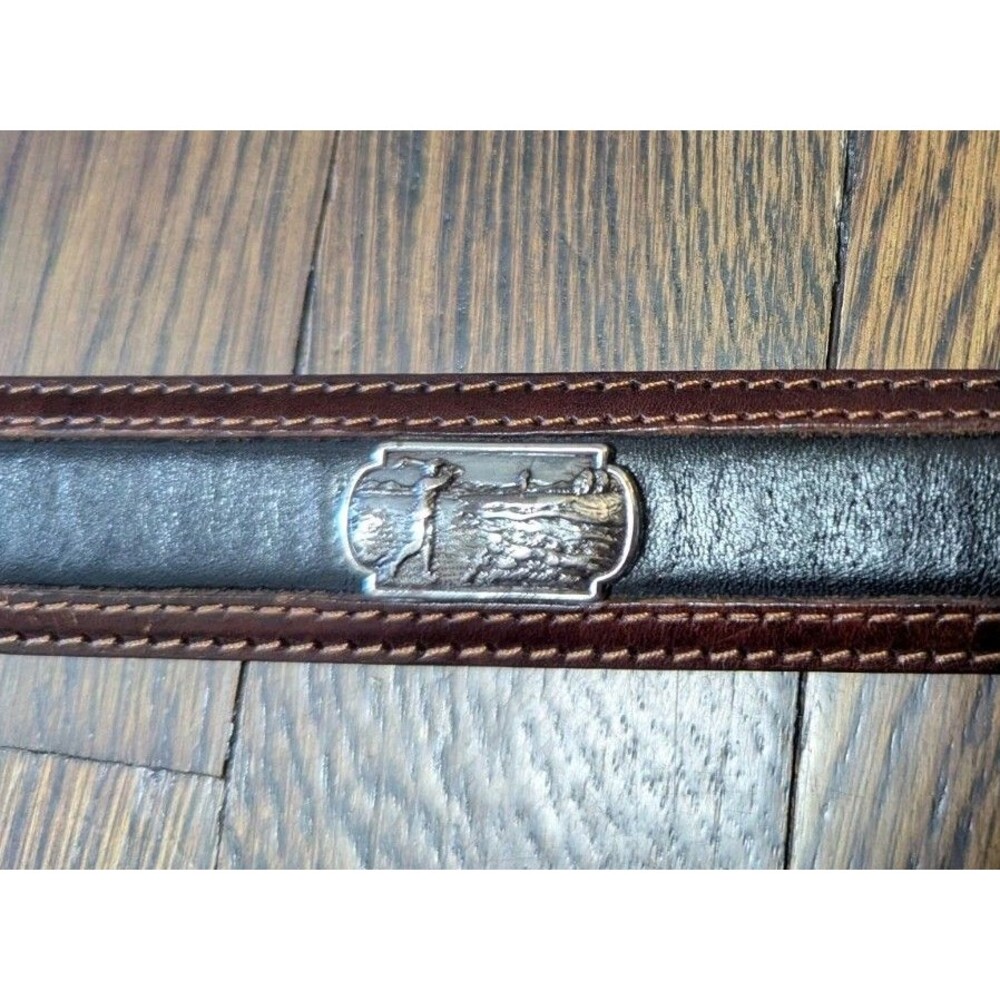 Onyx By Brighton golfer belt 42 Brown Black Leather Golf Scene Silver Medallion